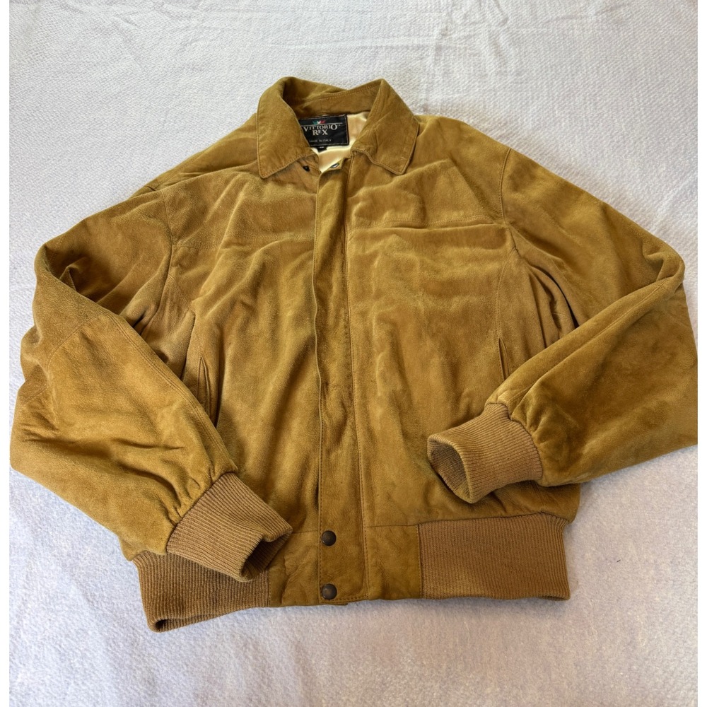 Vittorio Rex Mens Tan Suede Bomber Jacket‎ Made in Italy Size 42 Vintage Style